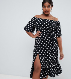 Платье миди в горошек с открытыми плечами и оборкой по краю Boohoo Plus - Черный