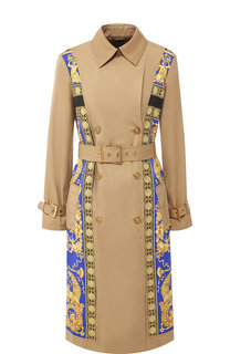 Двубортное пальто из смеси хлопка и шелка с поясом Versace