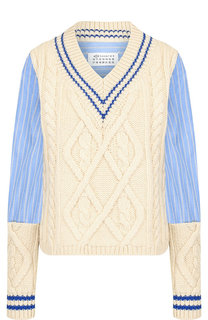 Вязаный пуловер с V-образным вырезом и хлопковой вставкой Maison Margiela