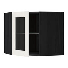 МЕТОД Углов навесн шк с полками/сткл дв, черный, Сэведаль белый Ikea
