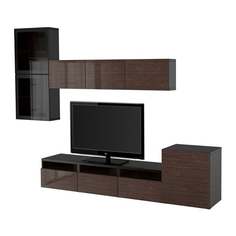 БЕСТО Шкаф для ТВ, комбин/стеклян дверцы, черно-коричневый, Сельсвикен глянцевый/коричневый прозрач стекло Ikea