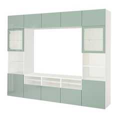 БЕСТО Шкаф для ТВ, комбин/стеклян дверцы, белый Сельсвикен, глянцевый/серо-зеленый светлый прозрачное стекло Ikea