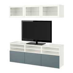 БЕСТО Шкаф для ТВ, комбин/стеклян дверцы, белый, Вальвикен серо-бирюзовый, прозрачное стекло Ikea