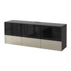 БЕСТО Тумба под ТВ, с дверцами и ящиками, черно-коричневый, Сельсвикен глянцевый/бежевый прозрачное стекло Ikea