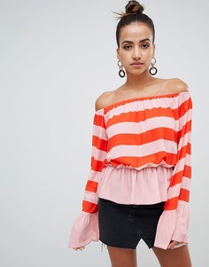 Топ в полоску с открытыми плечами и рукавами клеш PrettyLittleThing - Мульти