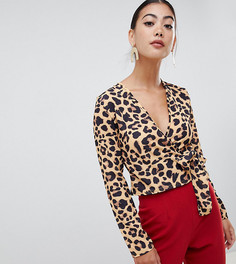 Блузка с леопардовым принтом, запахом и завязкой Boohoo Petite - Мульти