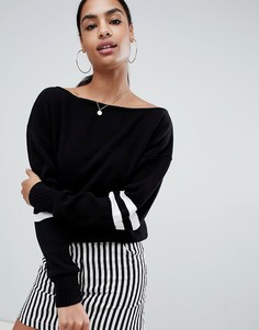 Черный джемпер с широким вырезом и контрастными полосами PrettyLittleThing - Черный