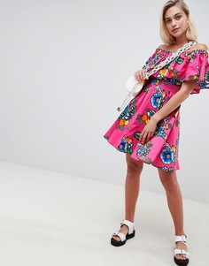 Платье мини с открытыми плечами и тропическим цветочным принтом ASOS Made In Kenya - Мульти