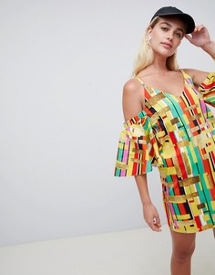 Платье с вырезами на плечах и золотистым принтом ASOS Made In Kenya x 2ManySiblings - Мульти