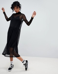 Полупрозрачное платье макси с высоким воротом Pieces - Черный