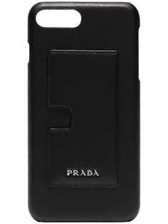 Black logo leather iphone 8 Plus case with card holder Prada