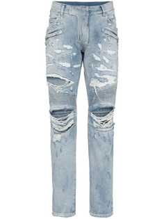 байкерские джинсы узкого кроя с прорванными деталями Balmain