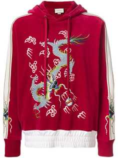dragon appliqué velvet hoodie Gucci