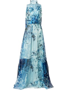 Baroque floral printed gown with dramaticcape back Isabel Sanchis