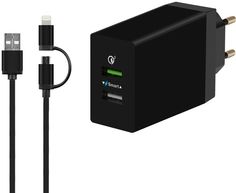 Сетевое зарядное устройство DF Tor-03, 2xUSB, 8-pin Lightning (Apple)/microUSB, 3A, черный