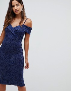 Кружевное платье миди с открытыми плечами Girl In Mind - Темно-синий