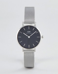 Серебристые часы с черным циферблатом и сетчатым браслетом Daniel Wellington Petite, 28 мм - Серебряный