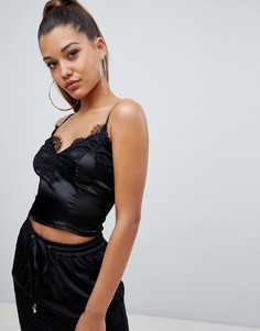Черный атласный бралетт с кружевной отделкой PrettyLittleThing - Черный