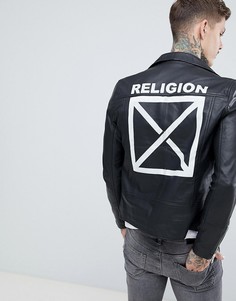 Черная кожаная куртка с принтом на спине Religion - Черный