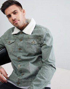 Джинсовая куртка цвета хаки с воротником из искусственного меха Hoxton Denim - Зеленый