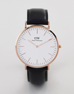 Часы цвета розового золота с кожаным ремешком Daniel Wellington 40 мм - Черный