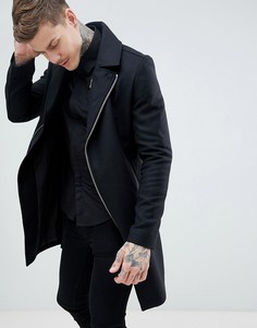 Черное пальто в байкерском стиле из ткани с добавлением шерсти Religion - Черный