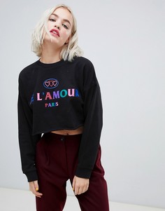 Короткий свитшот с необработанным краем, надписью и вышивкой ASOS DESIGN - Черный