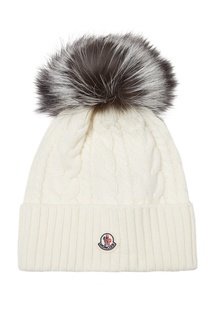 Белая вязаная шапка с помпоном Moncler