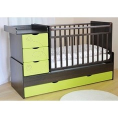 Кроватка трансформер СКВ Компани 4 ящика, маятник поперечный фасад-бабочки, венге-риф лайм 542038-303