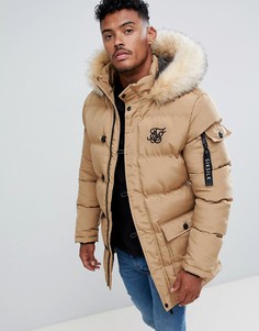 Бежевая парка с капюшоном с искусственным мехом SikSilk - Коричневый