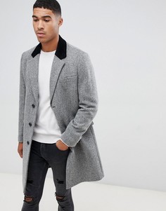 Серое пальто с добавлением шерсти, бархатным воротником и узором в елочку ASOS DESIGN - Серый