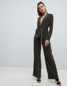 Брюки в полоску металлик с широкими штанинами PrettyLittleThing - Золотой