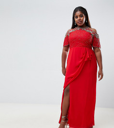 Красное платье макси с отделкой, открытыми плечами и запахом Virgos Lounge Plus - Красный