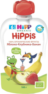 Детское пюре HiPP «Hippis» Яблоко, клубника, банан с 6 мес. 100 г (пауч), 1шт.