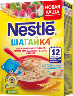 Каша молочная Nestle Шагайка 5 злаков с кусочками земляники садовой, яблока и малиной с 12 мес. 200 г, 1шт.