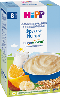 Каша HiPP Каша HiPP молочная пшеничная с овсяными хлопьями, фруктами и йогуртом с пребиотиками (с 8 месяцев) 250 г, 1шт.
