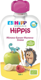 Детское пюре HiPP «Hippis» Яблоко, банан, малина, злаки с 6 мес. 100 г (пауч), 1шт.
