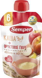 Пюре Semper Semper Яблочно-персиковое с кашей (с 6 месяцев) 120 г, 1шт.