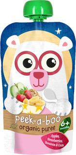 Пюре Peek-a-boo Peek-a-boo Яблоко банан клубника овсянка (с 6 месяцев) 113 г, 1шт.