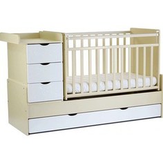 Кроватка трансформер СКВ Компани 5 опускающаяся боковина поперечный маятник 4 ящика накладка ПВХ береза белый фасад жираф КС5400 35-1