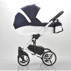 Коляска Mr Sandman West-East Premium (2 в 1) 50% Эко кожа Белый Перфорированный - Темно-Синий в Принт (KMSWEP50-0735CH04)