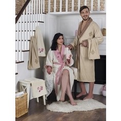 Набор семейный халат с полотенцем Karna махровый Adra бежевый-кремовый (2746/CHAR001)