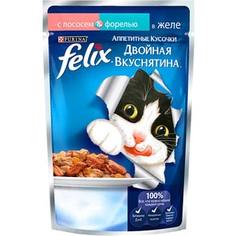 Паучи Felix Двойная вкуснятина аппетитные кусочки в желе с лососем & форелью для кошек 85г (12294937)