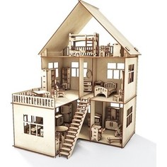 Кукольный домик ХэппиДом Коттедж с пристройкой и мебелью из дерева (HK-D004)