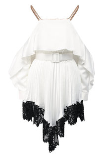 Плиссированное мини-платье с поясом и кружевной отделкой self-portrait