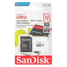 Карта памяти microSDHC UHS-I SANDISK Ultra 80 32 ГБ, 80 МБ/с, 533X, Class 10, SDSQUNS-032G-GN3MA, 1 шт.