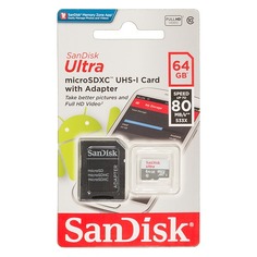 Карта памяти microSDXC UHS-I SANDISK Ultra 80 64 ГБ, 80 МБ/с, 533X, Class 10, SDSQUNS-064G-GN3MA, 1 шт.