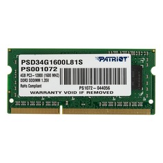 Модуль памяти PATRIOT PSD34G1600L81S DDR3L - 4Гб 1600, SO-DIMM, Ret Патриот