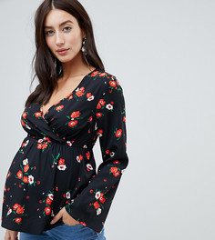 Influence Maternity wrap front floral blouse with flared sleeves - Черный