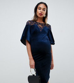 Темно-синее бархатное облегающее платье миди с кружевной вставкой TFNC Maternity - Темно-синий